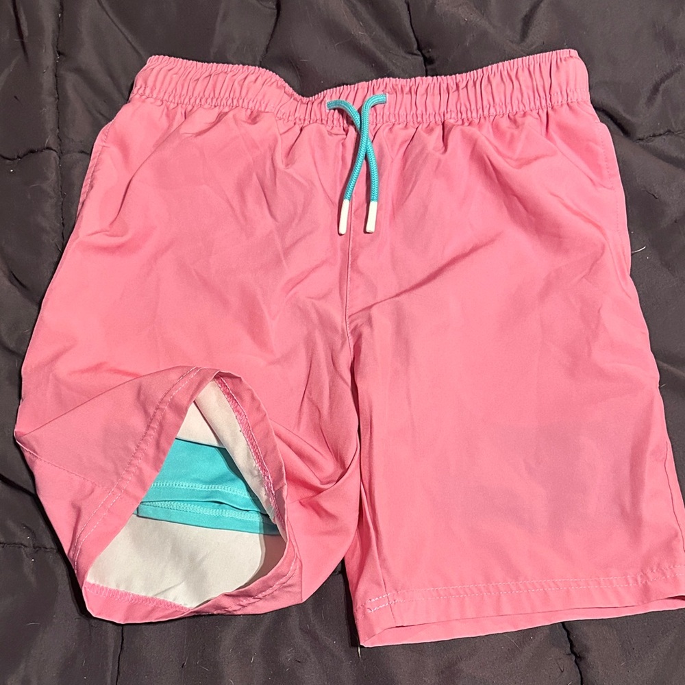 Kids Pink Swim Shorts with Blue Drawstring